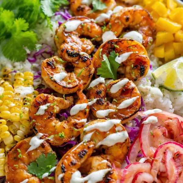 A colorful Easy Shrimp Taco Bowl with shrimp, rice, avocado, and slaw.