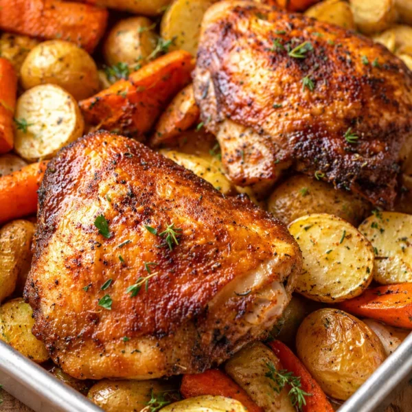 Colorful Chicken Thigh Sheet Pan Dinner with roasted vegetables