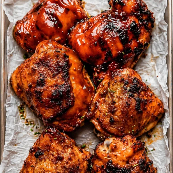 Delicious grilled BBQ chicken coated with homemade barbecue sauce on the grill.