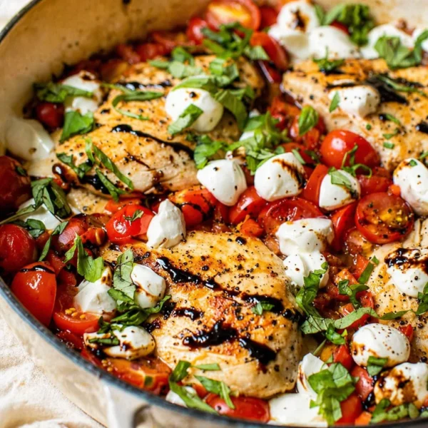 Juicy Caprese Chicken Skillet with mozzarella, tomatoes, and basil ready in 30 minutes.