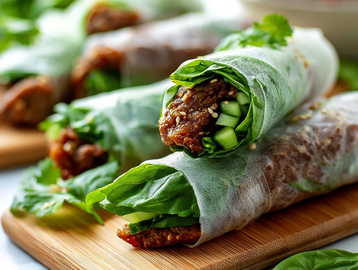 Thai Basil Beef Rolls in 20 Minutes Delicious Thai Basil Beef Rolls served on a plate with fresh herbs