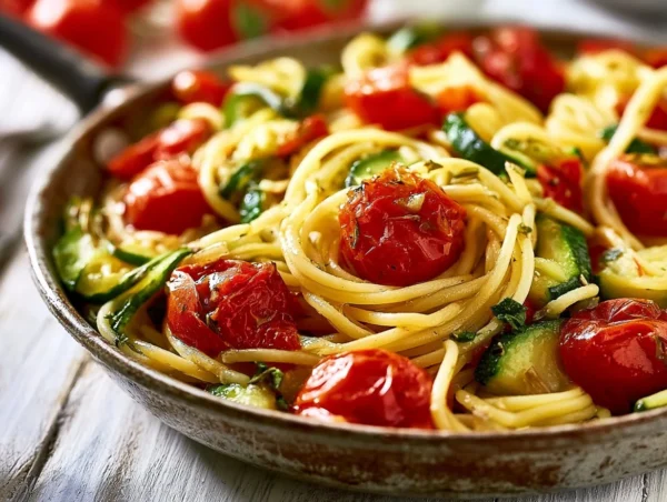 Tomato Zucchini Pasta with fresh ingredients and vibrant colors