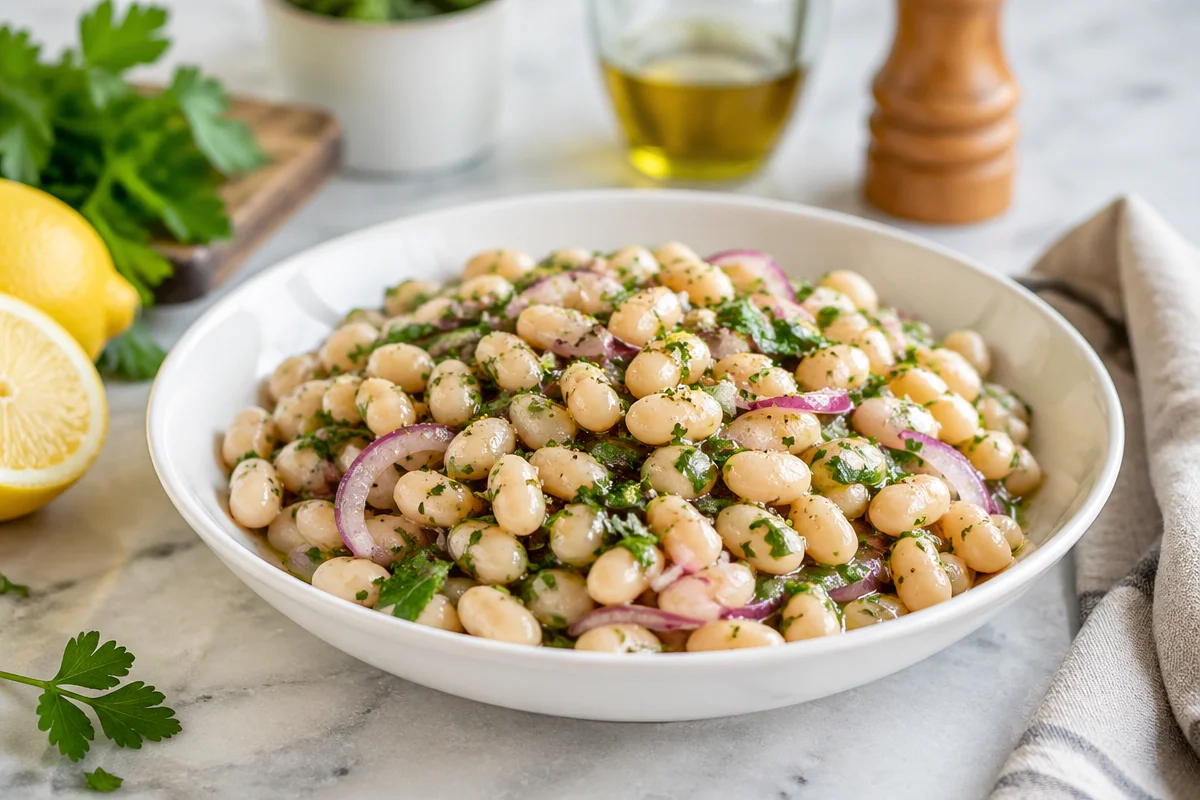 White Bean Salad with Lemon Vinaigrette is my go to fix for those days when I want something fresh, filling, and not even a little complicated. You know the feeling, it is late, you are hungry, and the idea of cooking a whole big meal sounds exhausting. This salad is the kind of thing you can throw together while you are still deciding what to watch or while the kids are asking for a snack. It tastes bright and zippy, but it also has that cozy, satisfying bite from the beans. If you have a can of cannellini beans and a lemon, you are already halfway there. White Bean Salad with Lemon Vinaigrette