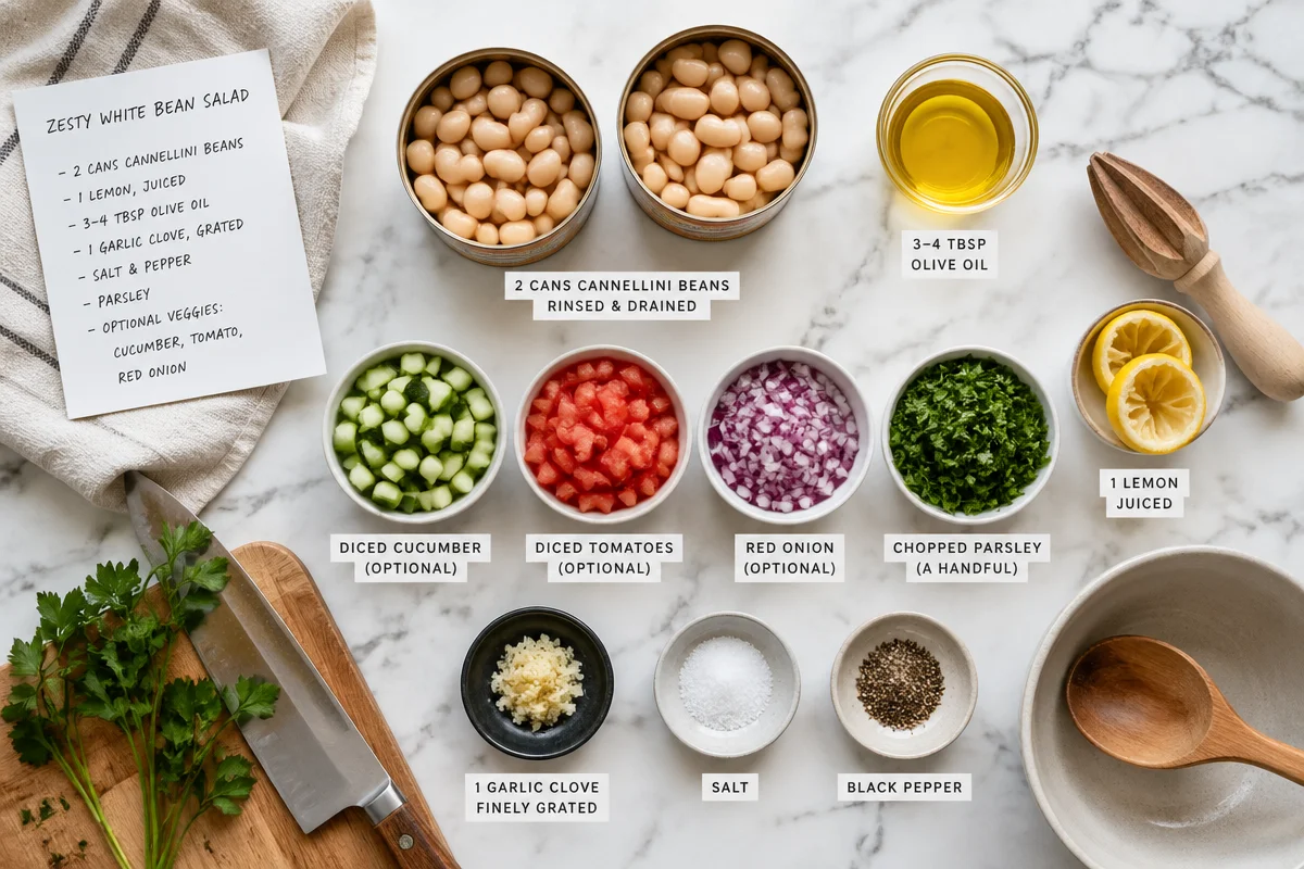 White Bean Salad with Lemon Vinaigrette is my go to fix for those days when I want something fresh, filling, and not even a little complicated. You know the feeling, it is late, you are hungry, and the idea of cooking a whole big meal sounds exhausting. This salad is the kind of thing you can throw together while you are still deciding what to watch or while the kids are asking for a snack. It tastes bright and zippy, but it also has that cozy, satisfying bite from the beans. If you have a can of cannellini beans and a lemon, you are already halfway there. White Bean Salad with Lemon Vinaigrette