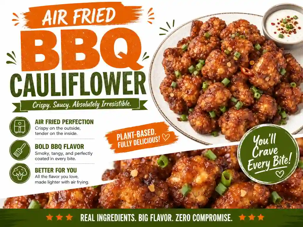 Air Fried BBQ Cauliflower Recipe Air Fried BBQ Cauliflower is a delightful way to enjoy a plant-based dish that packs a punch of flavor. With crispy cauliflower pieces coated in almond flour and tossed in tangy BBQ sauce, this recipe offers a delicious texture and a savory taste that makes it perfect as a snack or side dish. Plus, the air fryer gives it a satisfying crunch without all the oil! BBQ Cauliflower