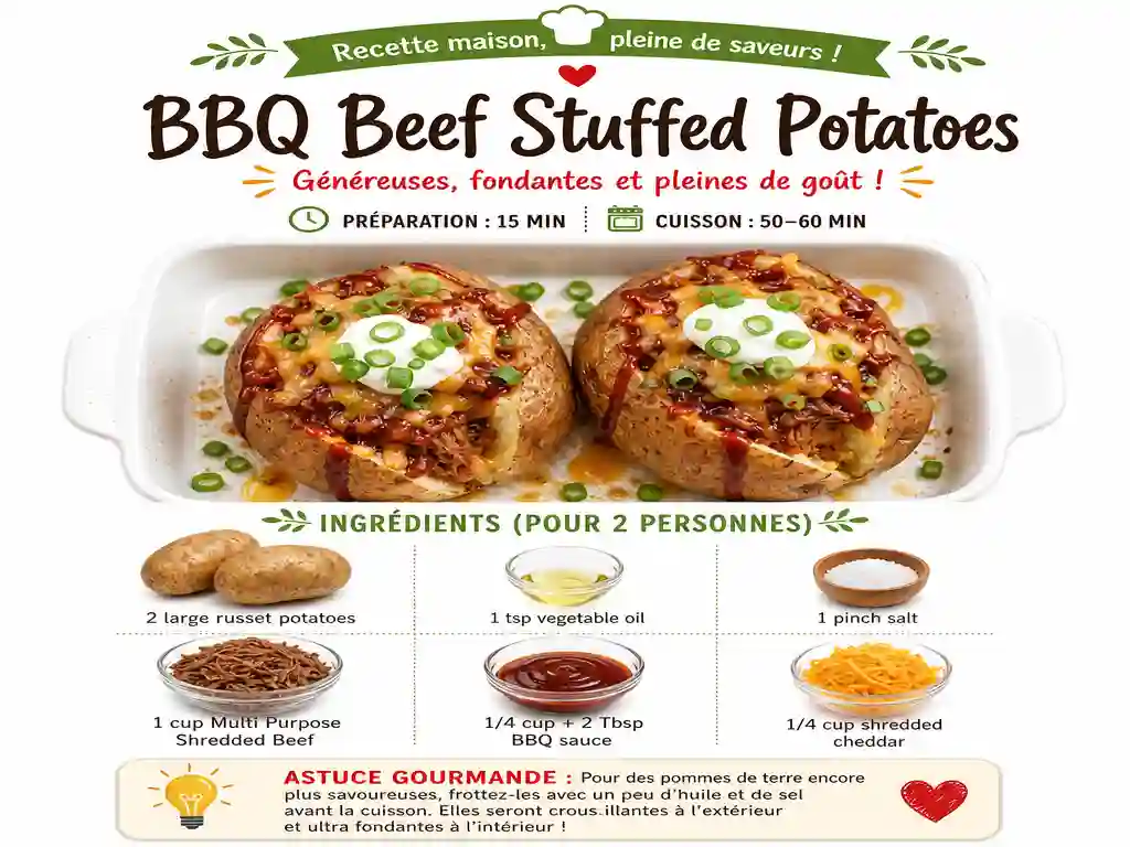 BBQ Beef Stuffed Potatoes are a hearty and satisfying meal that merges the comforting flavors of baked potatoes with rich, tangy BBQ shredded beef. Featuring key ingredients like russet potatoes, cheddar cheese, and BBQ sauce, this dish is perfect for family dinners or casual gatherings. Whether for a weeknight meal or a special occasion, these stuffed potatoes deliver flavor and texture that everyone will love! BBQ Beef Stuffed Potatoes