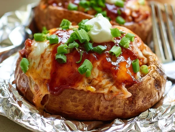 BBQ beef stuffed potatoes topped with cheese and green onions