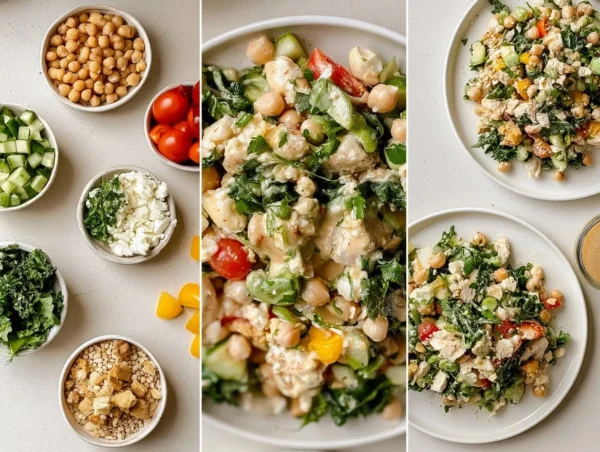 Chicken and Chickpea Salad Recipe: Balanced Delicious Chicken Chickpea Salad with vegetables and dressing