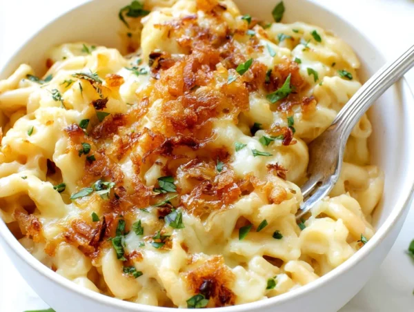 Käsespätzle A delicious serving of Käsespätzle topped with melted cheese and herbs.