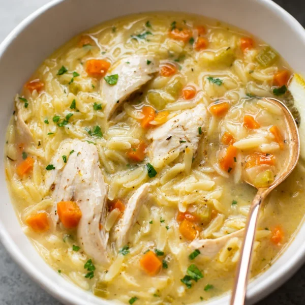Bowl of lemon chicken orzo soup with fresh herbs and lemon slices on the side.