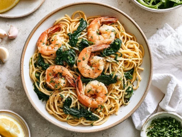 Lemon Garlic Shrimp Pasta with Spinach A bowl of lemon garlic shrimp pasta with spinach and herbs