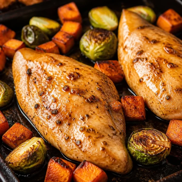 Sheet pan Maple Dijon Chicken with Brussels sprouts and sweet potatoes for a healthy meal.