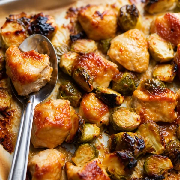Miso Maple Sheet-Pan Chicken with Brussels Sprouts (35-Minute Dinner) Miso maple chicken with roasted Brussels sprouts on a plate.