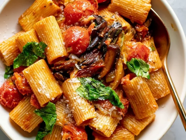 Roasted Veggie Pasta with Mushrooms Roasted veggie pasta with mushrooms in a colorful dish
