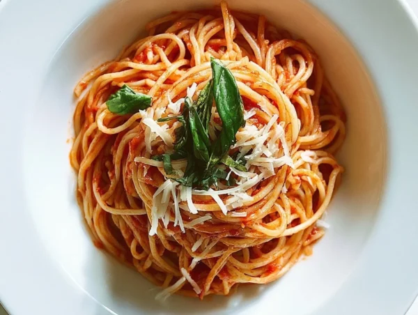 Tomato Basil Spaghetti Recipe Delicious plate of Tomato Basil Spaghetti garnished with fresh basil leaves.