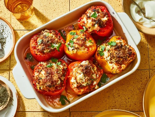 Vegetarian Stuffed Peppers with Rice and Feta Vegetarian stuffed peppers with rice and feta on a wooden table
