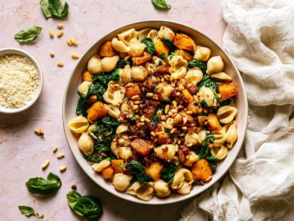 Butternut squash pasta with spinach in a bowl garnished with herbs