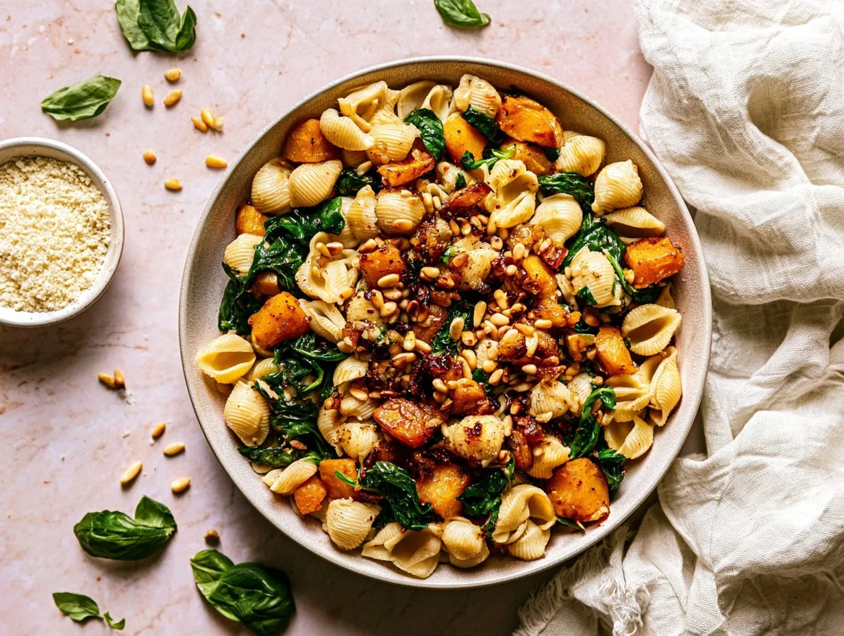 Butternut squash pasta with spinach in a bowl garnished with herbs
