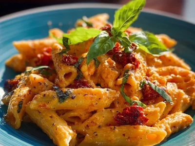 Delicious 1-Pot Tomato Ricotta Pasta topped with fresh basil.