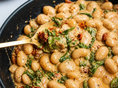 Creamy Marry Me white bean and spinach skillet topped with sun-dried tomatoes.