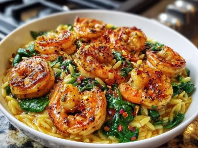 25-Minute Shrimp and Spinach Orzo Skillet in a pan.