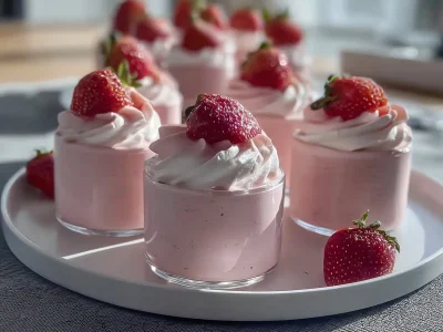 Delicious 3 ingredient strawberry mousse dessert in a glass.
