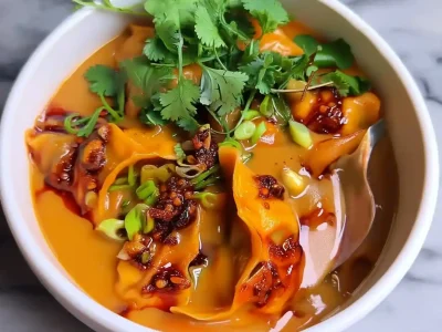 Gyoza coconut mango bowl topped with crispy chili oil and fresh coriander