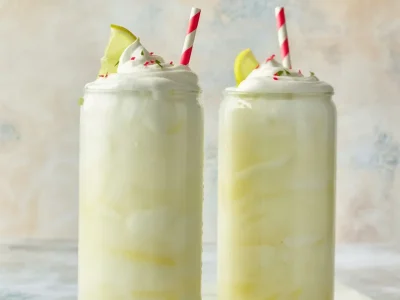 Fluffy Whipped Lemonade topped with a lemon slice and served in a glass.