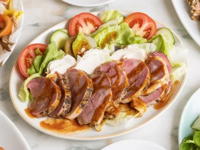 Juicy doner kebab made with seasoned meat on a vertical rotisserie, served with fresh veggies.
