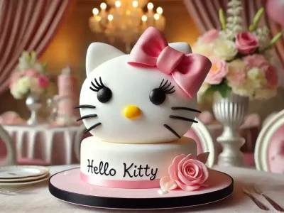 A beautifully crafted Fondant Hello Kitty Face Cake with smooth white fondant, black eyes, a yellow nose, and a pink bow, displayed on a clean countertop.