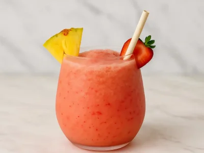 Bahama Mama tropical smoothie recipe served in a round glass with fruit garnish