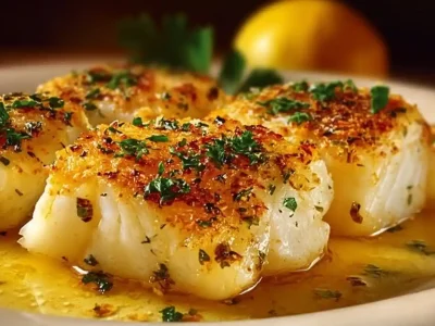 Baked cod with lemon and herbs on a plate, garnished and ready to serve