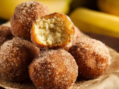 Air fryer banana donuts served on a plate with chocolate drizzle