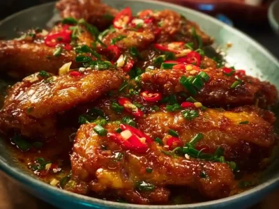 Plate of Bang Bang Chicken garnished with green onions and sesame seeds