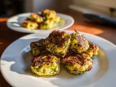 Brussels sprout tots, golden and crispy on a white plate in natural light.