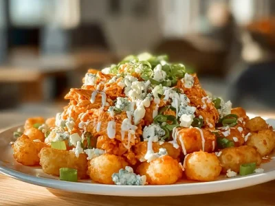 Delicious Buffalo Chicken Totchos topped with cheese and spicy sauce