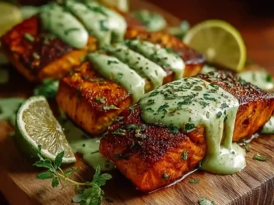Cajun Salmon topped with avocado and lime slices on a plate