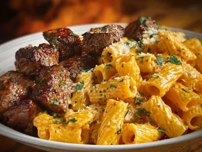 Cajun steak tips served in cheesy rigatoni parmesan sauce