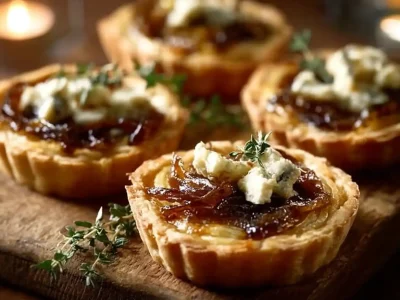 Caramelized Onion Tarts topped with goat cheese and thyme on golden puff pastry.