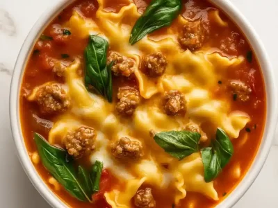 Close-up of cheesy sausage lasagna soup with pasta and spinach in a bowl