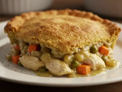 A golden-brown chicken cobbler recipe in a white ceramic dish, fresh from the oven.