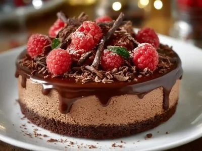 Delicious homemade Chocolate Mousse Cake with rich chocolate topping and garnish