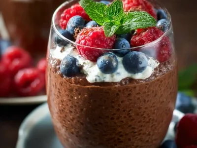 Chocolate Protein Chia Pudding topped with berries in a bowl
