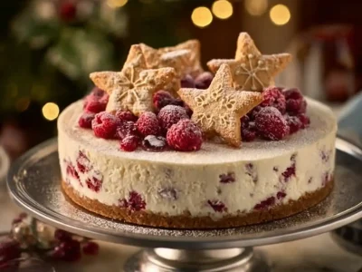 Deliciously festive Christmas Cheesecake topped with seasonal decorations.