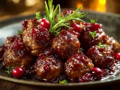Plate of Christmas cranberry meatballs garnished with herbs