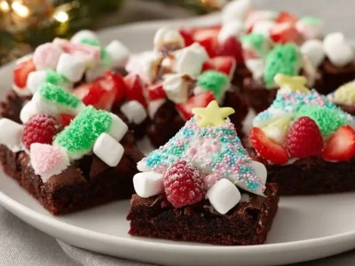 Festive Express Christmas Tree Brownies decorated with green frosting.