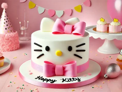 A finished Classic Hello Kitty Cake with white fondant, pink bow, and black whiskers.