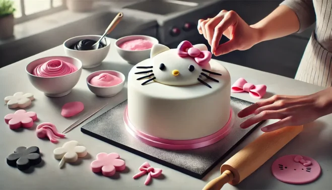 Adding pink fondant bow and black whiskers to a Hello Kitty Cake.