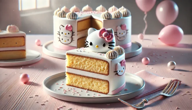 A sliced Hello Kitty Cake served on a white plate with pink decorations.