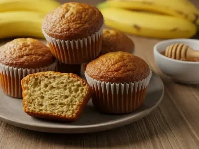 Close-up of freshly Classic Kodiak banana muffins with a sliced muffin showing a soft texture, ripe bananas, and a honey drizzle.
